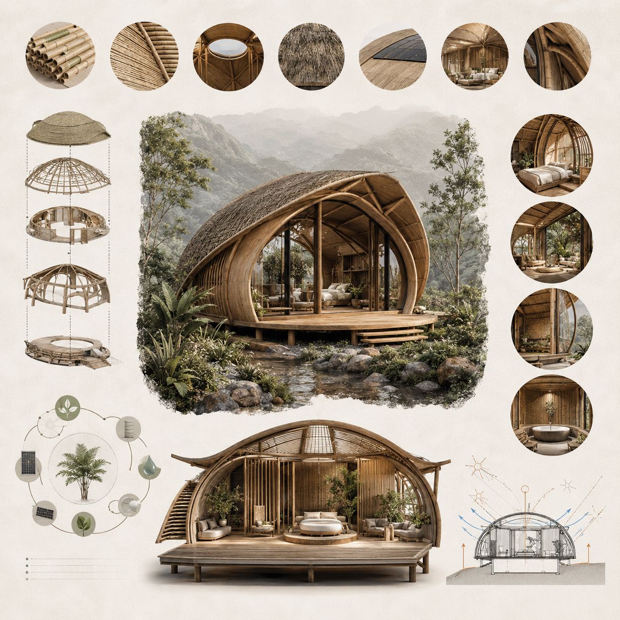 Eco nature-hut architecture infographic