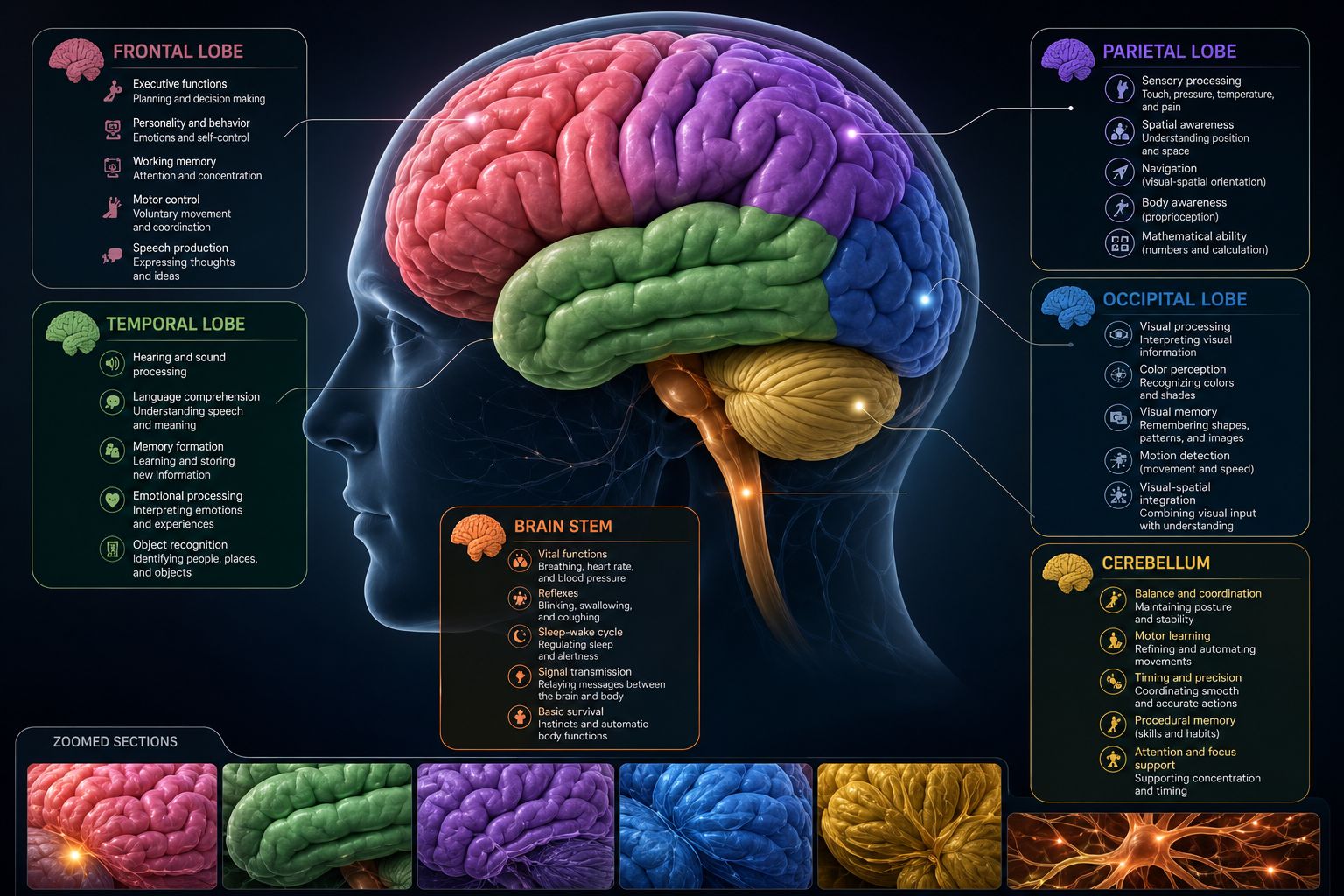 Human brain regions & functions infographic